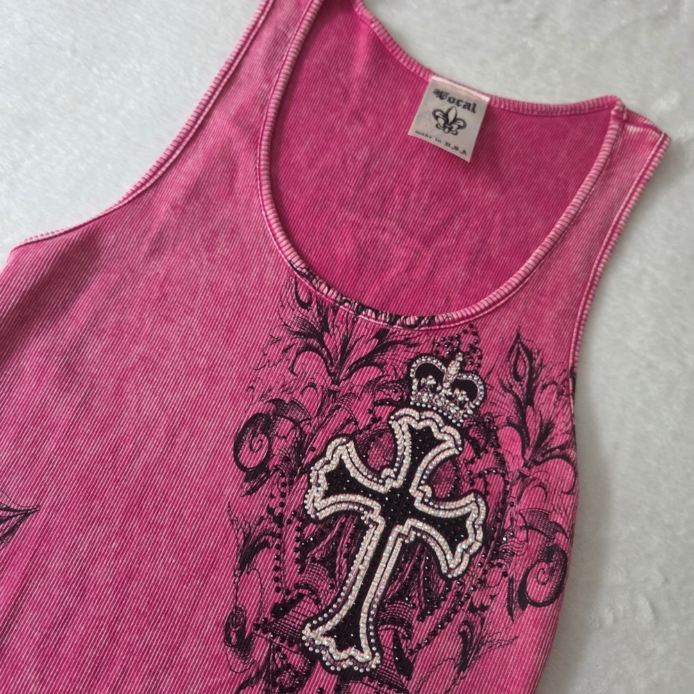 VTG Vocal Pink Tank Top Women Large Y2K Bedazzle Gems Cross Graphic - Picture 2 of 7
